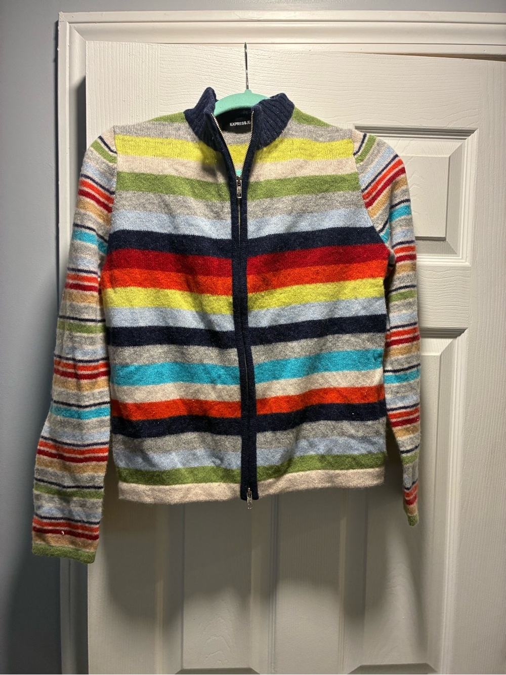 Vintage Express Jeans Striped Zip Sweater Jacket in Navy, Yellow & Gray